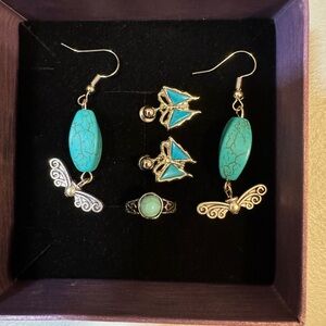 Turquoise butterfly pierced earrings and pinky ring. Earrings never worn.